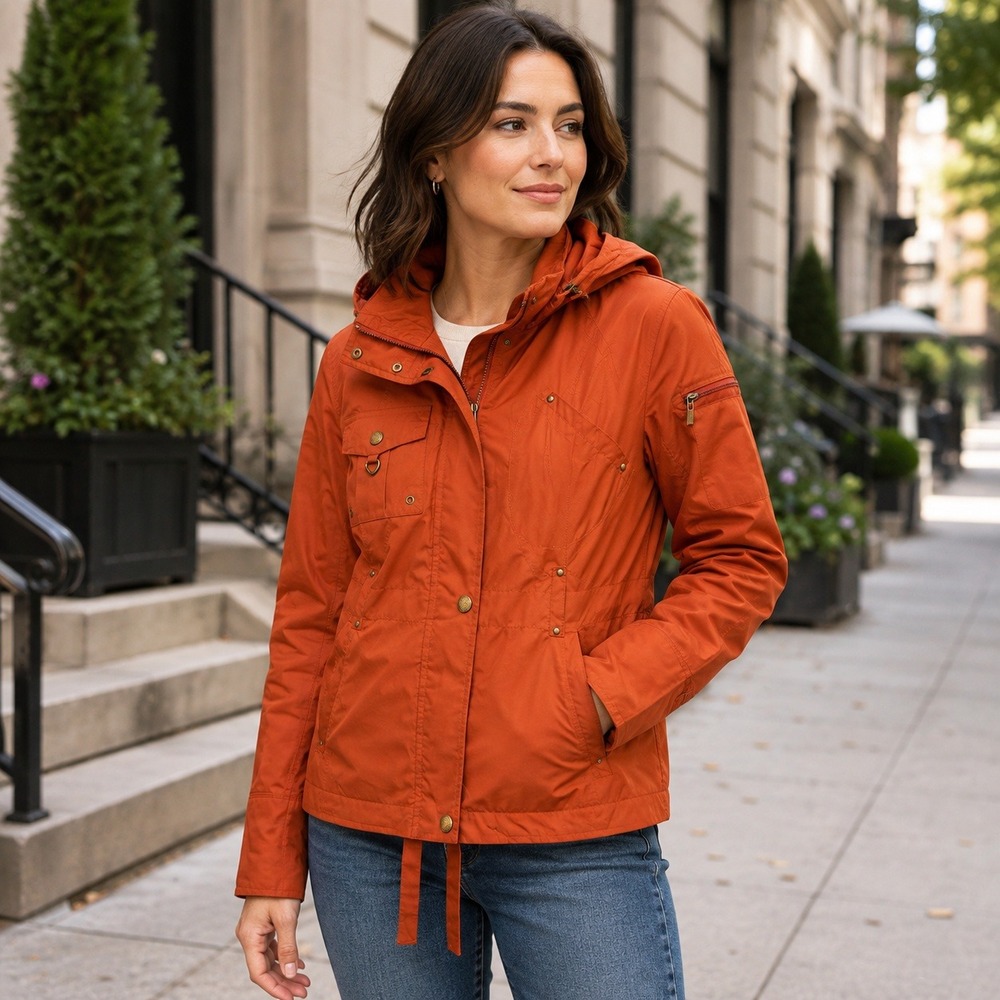 Cole Haan Womens S Orange Hooded Utility Jacket Cinch Waist 35MD8000